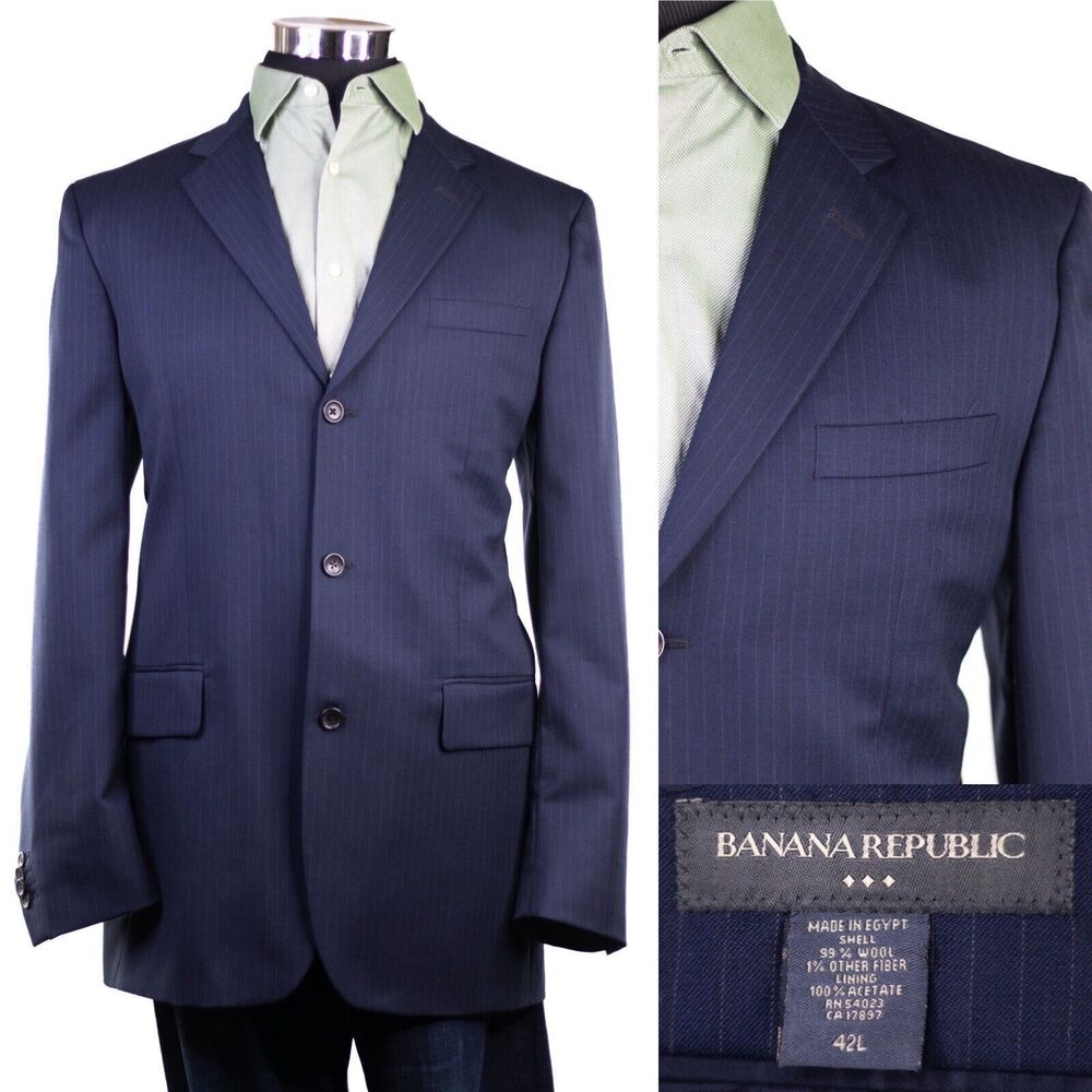 Banana Republic Mens Wool Blazer Jacket Sport Coat Blue Striped SZ 42L **MINT**